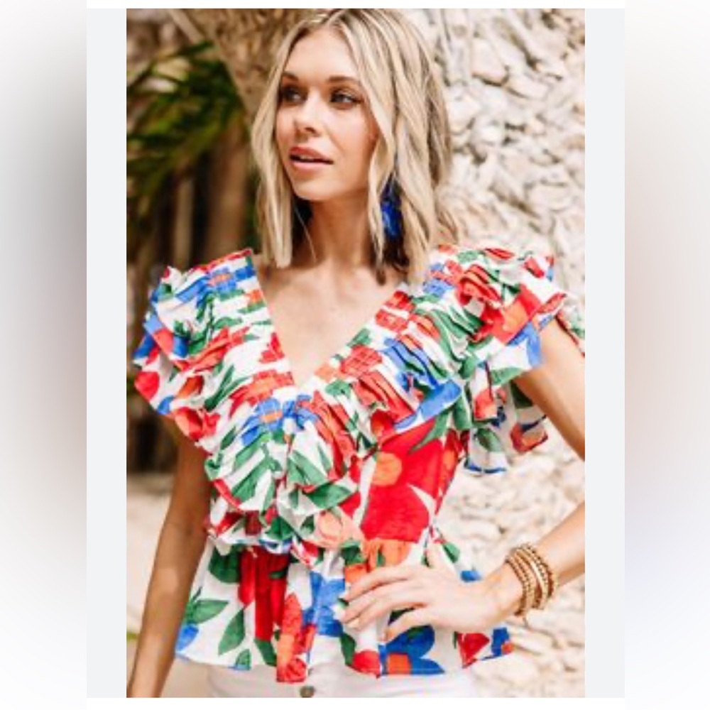 Entro - Take It All In White Floral Blouse - Floral Peplum Top - M- NWT